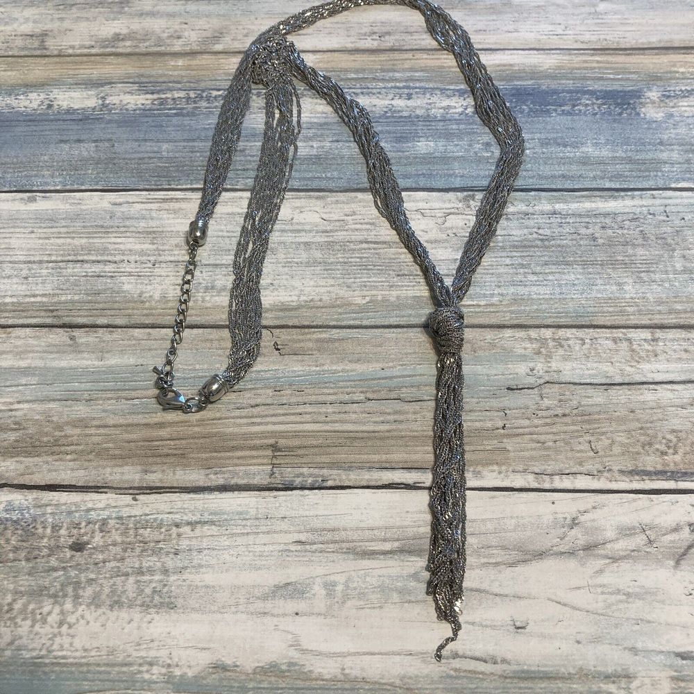 Long Muli-stran chain Necklace Fringe Silver‎ Tone 38"